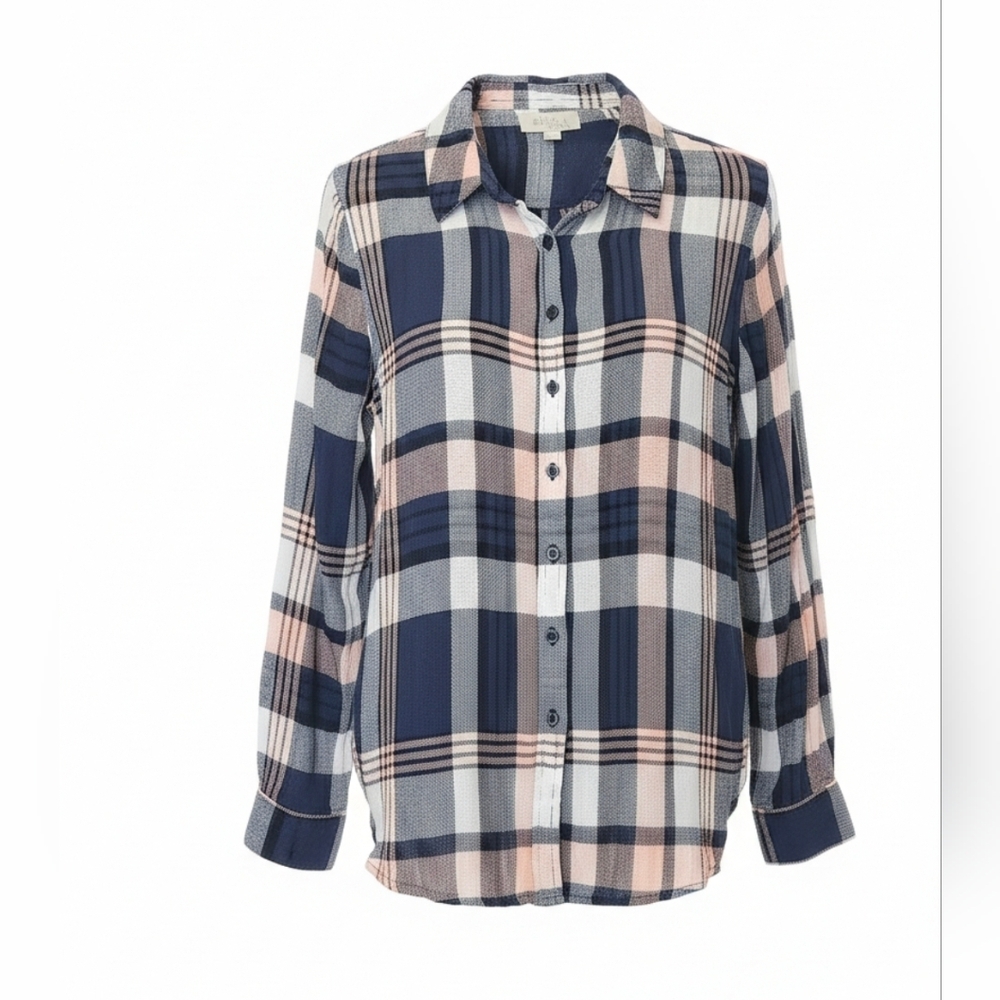 Olive & Oak Plaid Herringbone Rayon Button Down Shirt XL Navy Pink Cozy Chic
